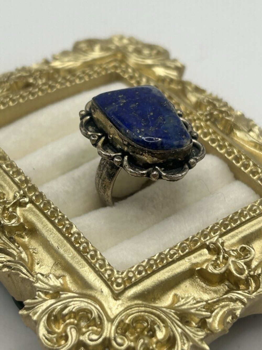 Vintage Lapis Lazuli Adjustable Ring Blue Stone Boho Statement Silver Tone Big - Picture 7 of 16